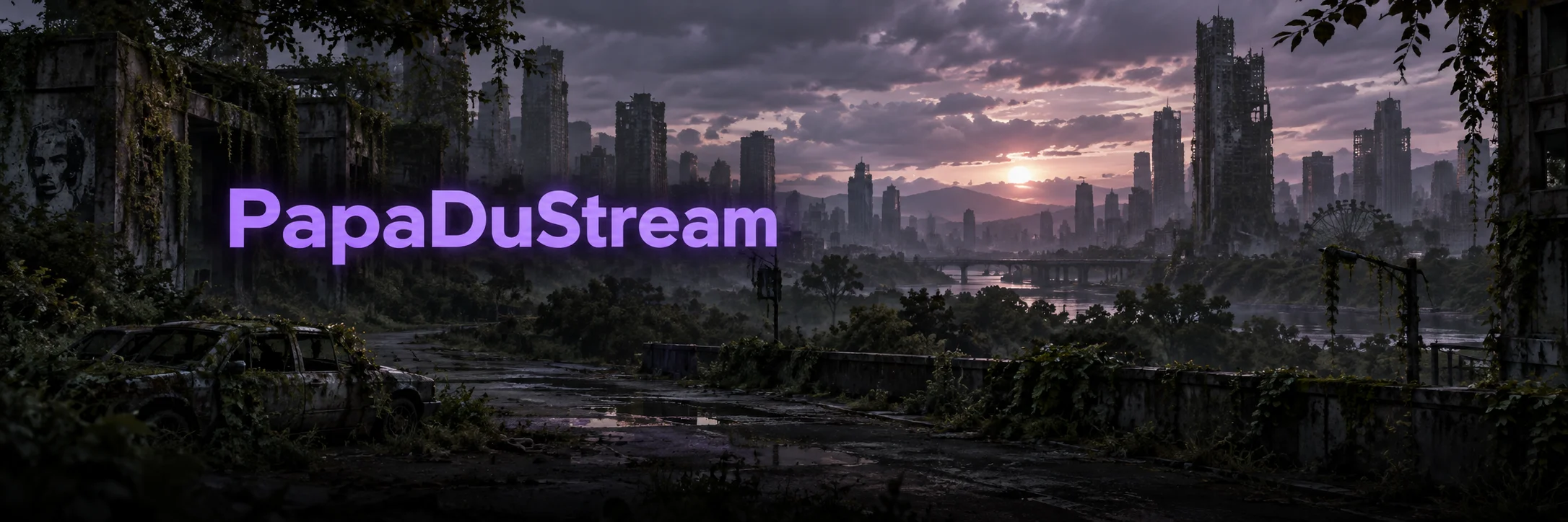 PapaDuStream en lettres violettes devant une ville de cinéma au crépuscule